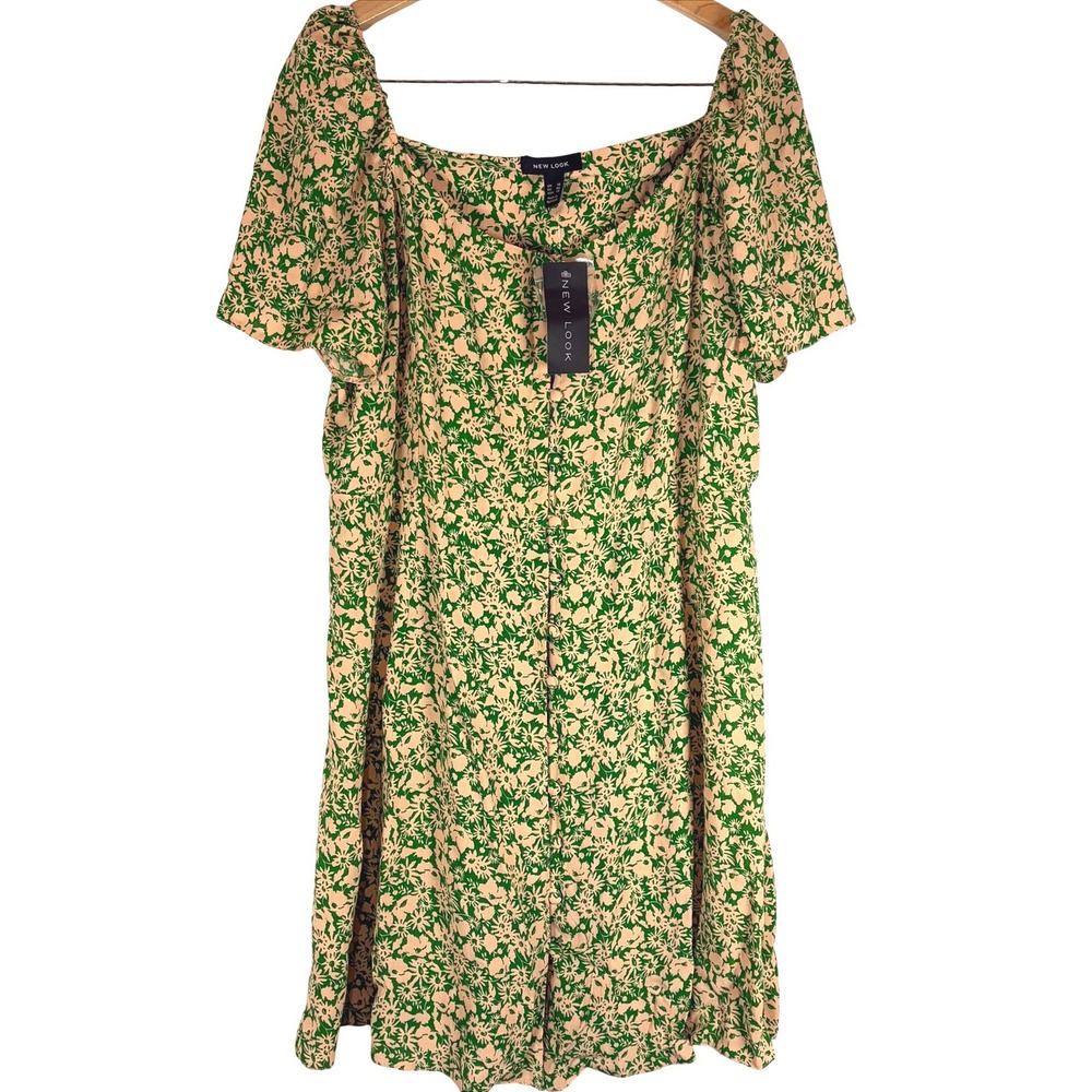 New Look Green Peach Floral Square Neck Button Front Mini Dress Plus Size 14 NWT